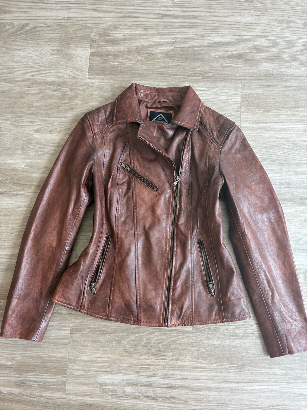 Women's Brown Leather Moto Jacket with Zip Pockets